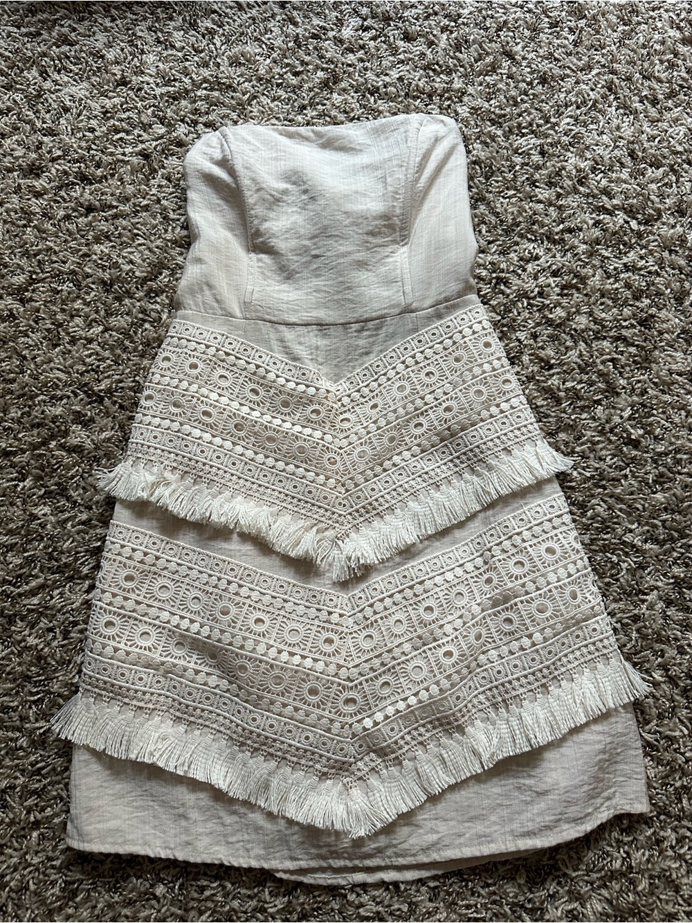 Selfie Leslie Strapless Cream Lace Fringe Mini Dress